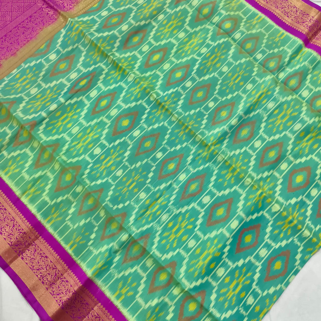 Pochampally Pure Soft Silk Saree – Sea Green and Magenta Contrast