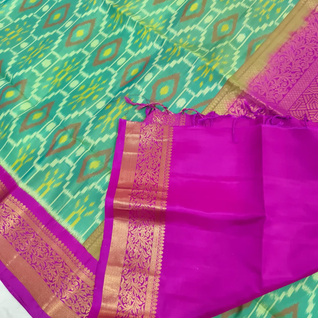Pochampally Pure Soft Silk Saree – Sea Green and Magenta Contrast