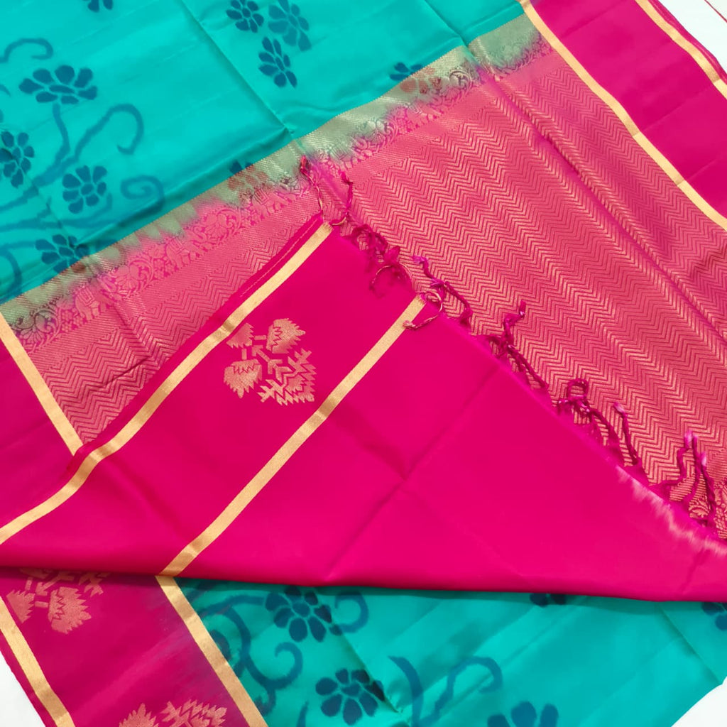 Pochampally Pure Soft Silk Saree – Blue and Rani Pink Contrast