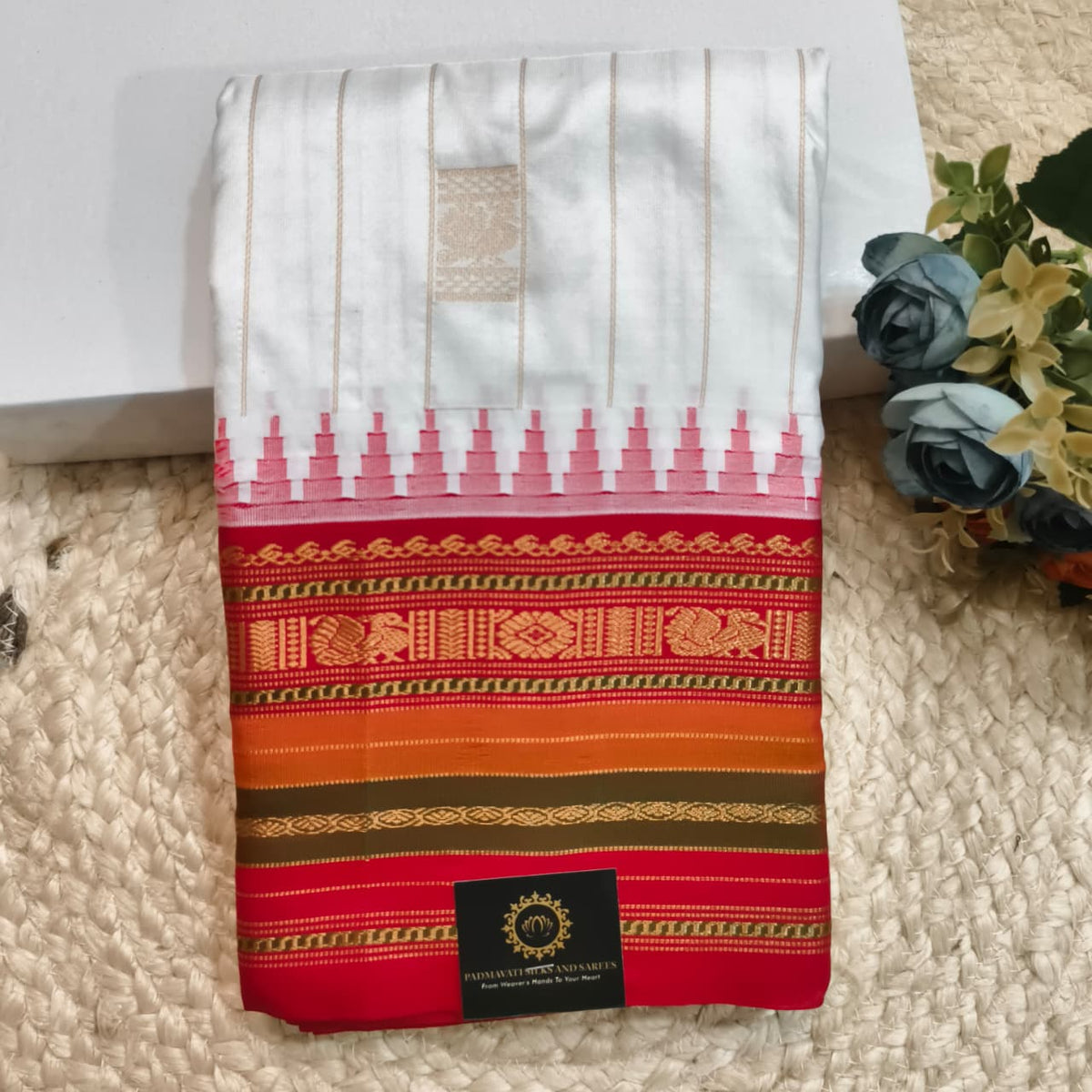 Gadwal Pure Silk Saree – White and Red Contrast