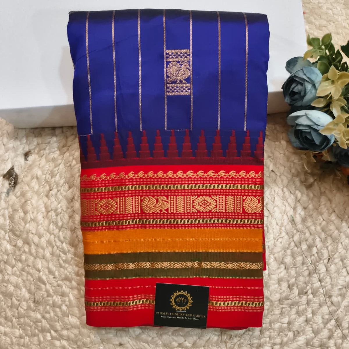 Gadwal Pure Silk Saree – Royal Blue and Red Contrast