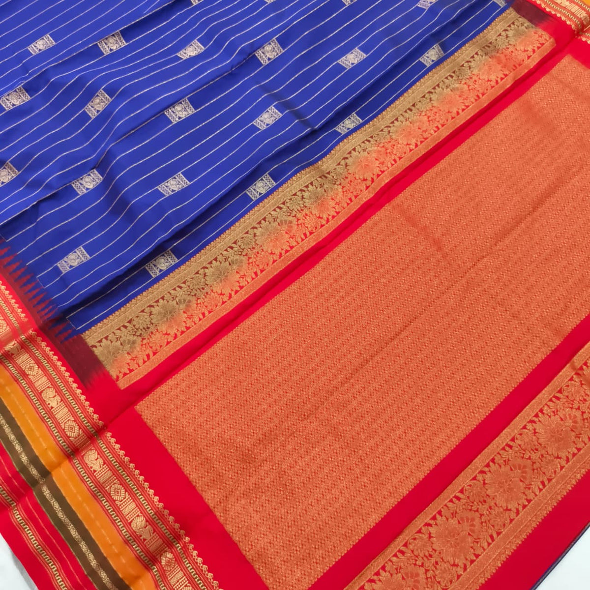 Gadwal Pure Silk Saree – Royal Blue and Red Contrast