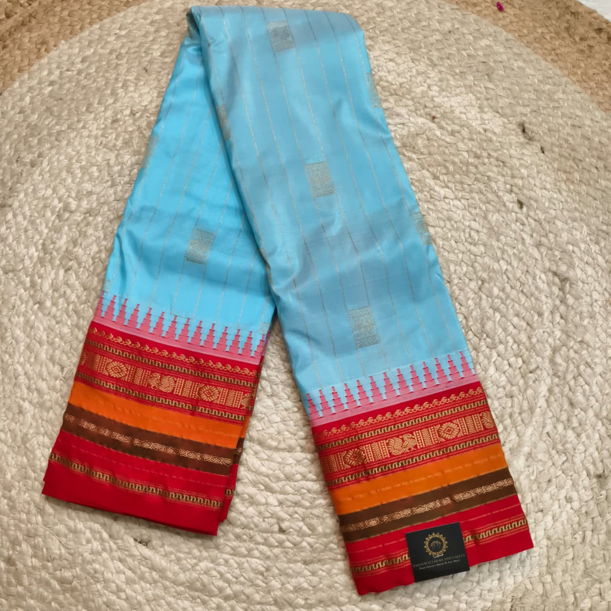 Gadwal Pure Silk Saree – Light Blue and Red Contrast