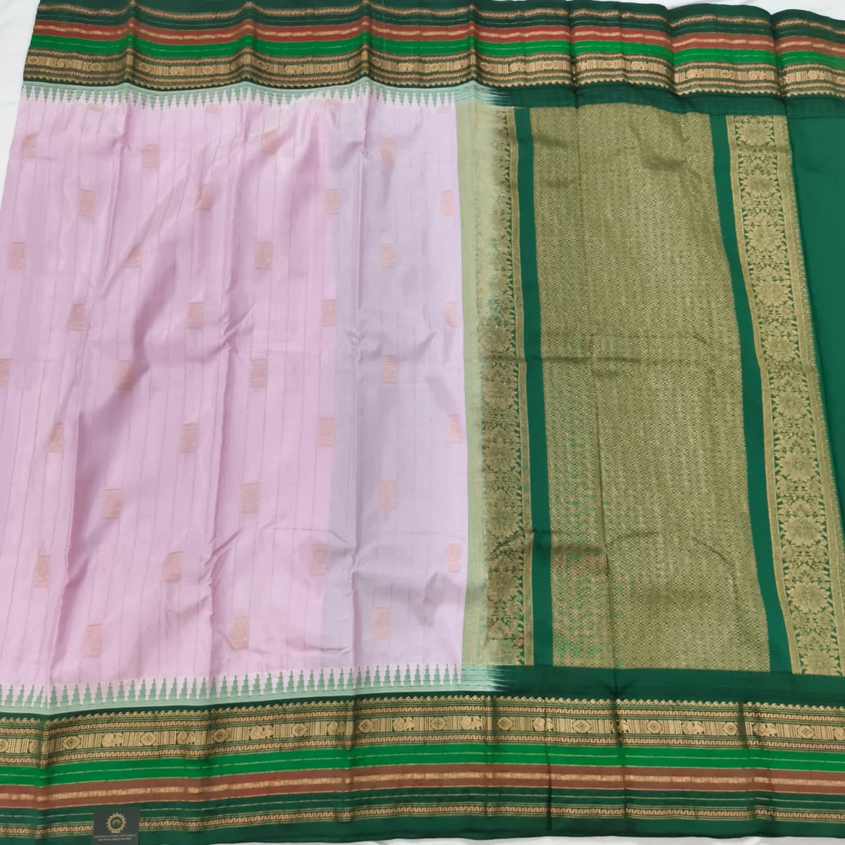 Gadwal Pure Silk Saree – Light Pink and Green Contrast