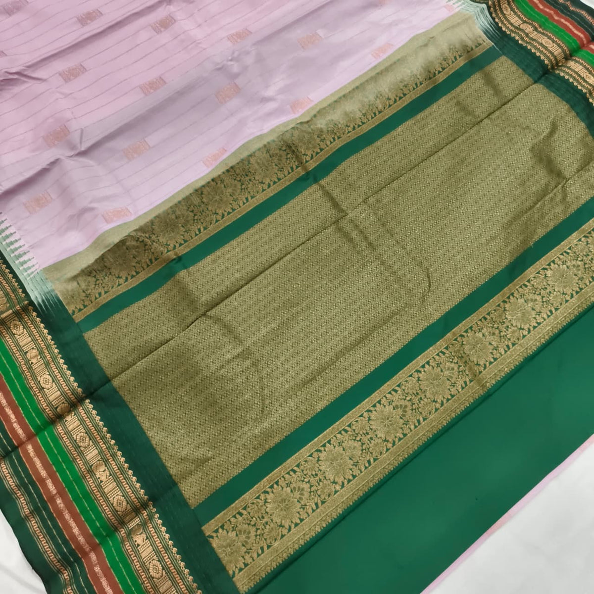 Gadwal Pure Silk Saree – Light Pink and Green Contrast