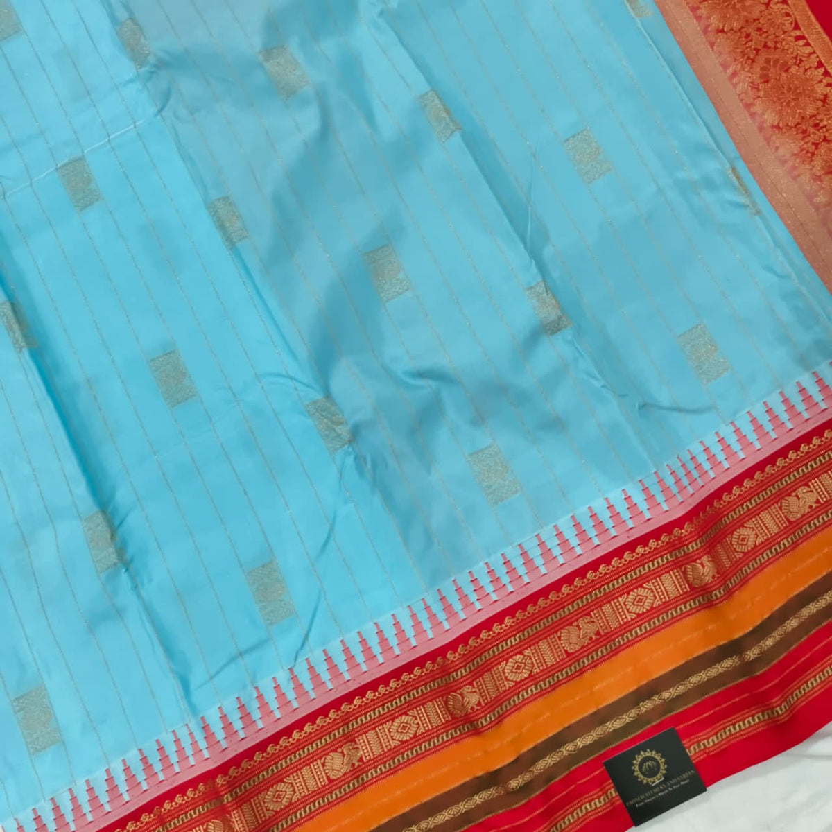 Gadwal Pure Silk Saree – Light Blue and Red Contrast