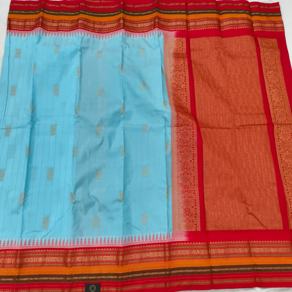 Gadwal Pure Silk Saree – Light Blue and Red Contrast