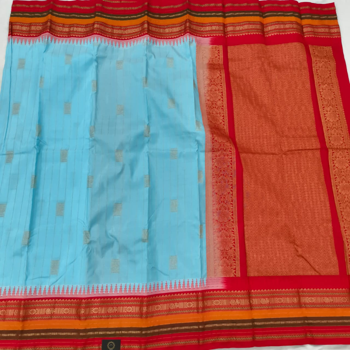 Gadwal Pure Silk Saree – Light Blue and Red Contrast