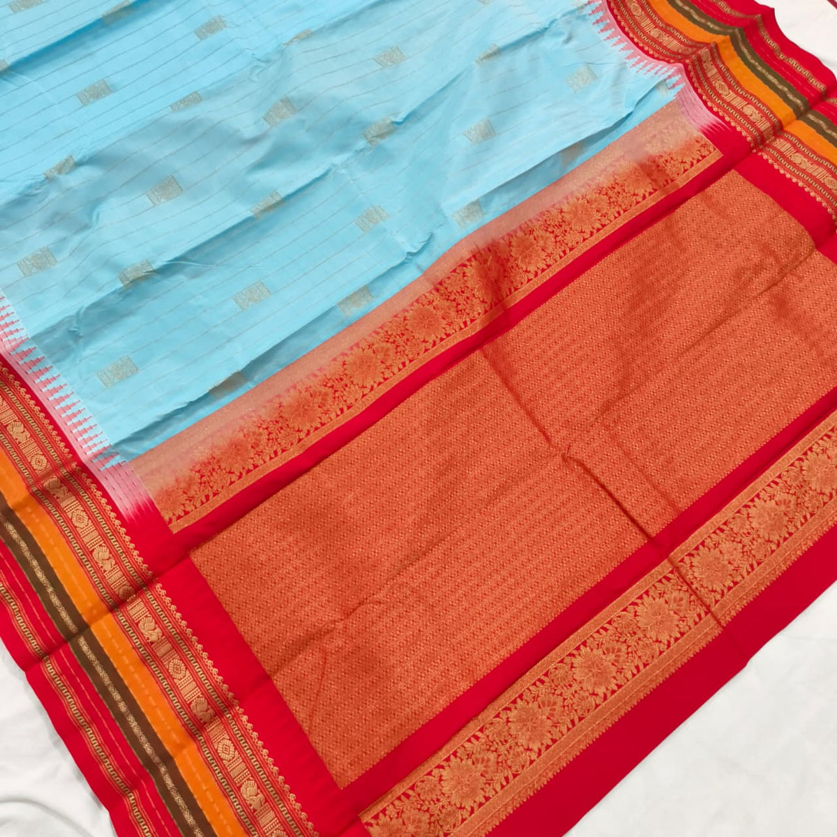 Gadwal Pure Silk Saree – Light Blue and Red Contrast