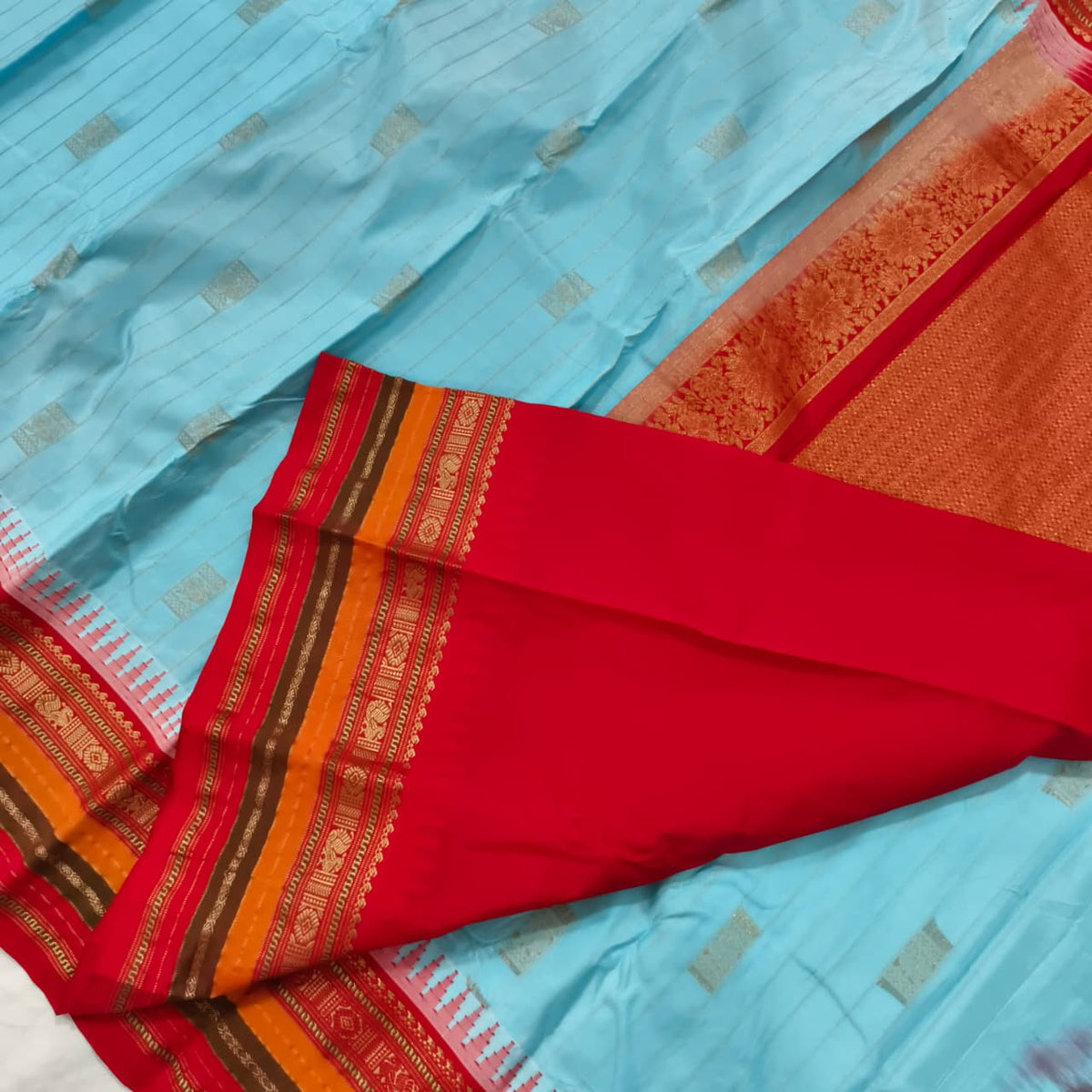 Gadwal Pure Silk Saree – Light Blue and Red Contrast