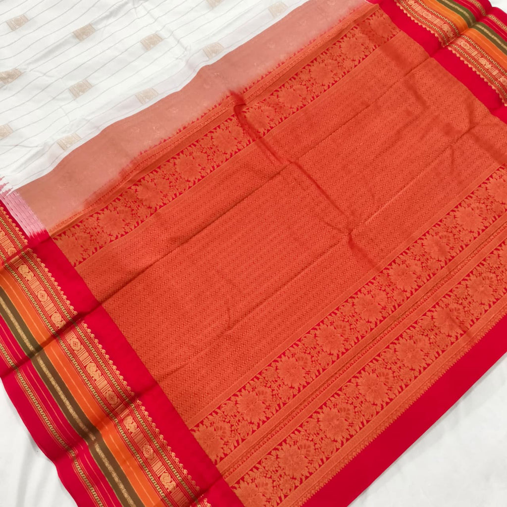 Gadwal Pure Silk Saree – White and Red Contrast