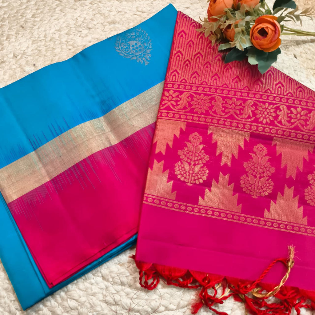 Pure Kanchi Soft Silk Saree – Blue and Rani Pink