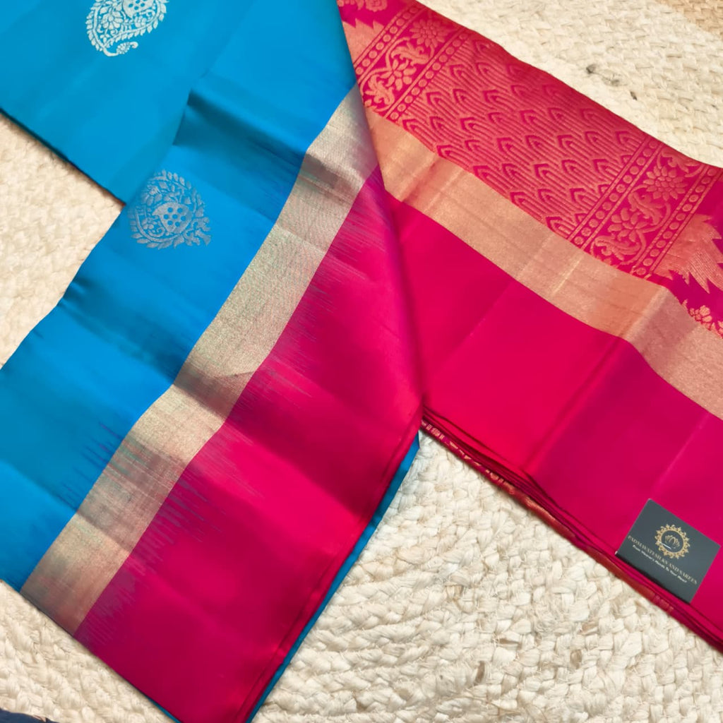 Pure Kanchi Soft Silk Saree – Blue and Rani Pink