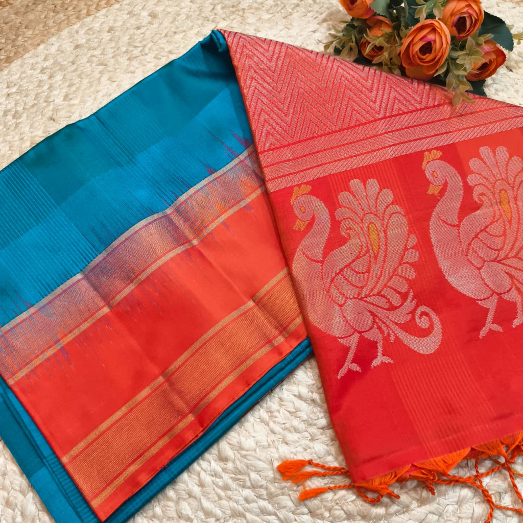 Pure Kanchi Soft Silk Saree – Blue and Orange