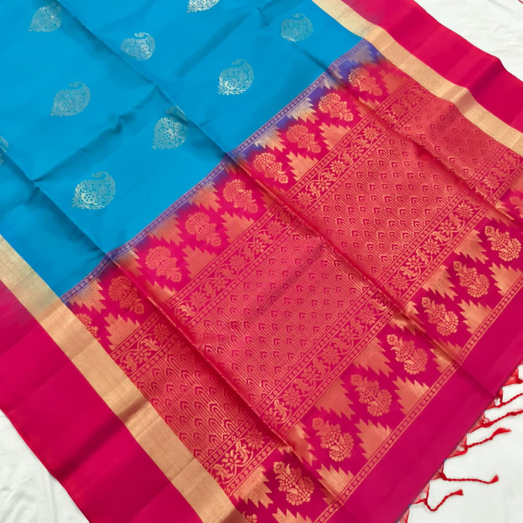 Pure Kanchi Soft Silk Saree – Blue and Rani Pink