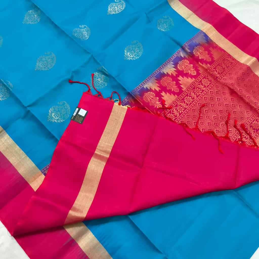 Pure Kanchi Soft Silk Saree – Blue and Rani Pink