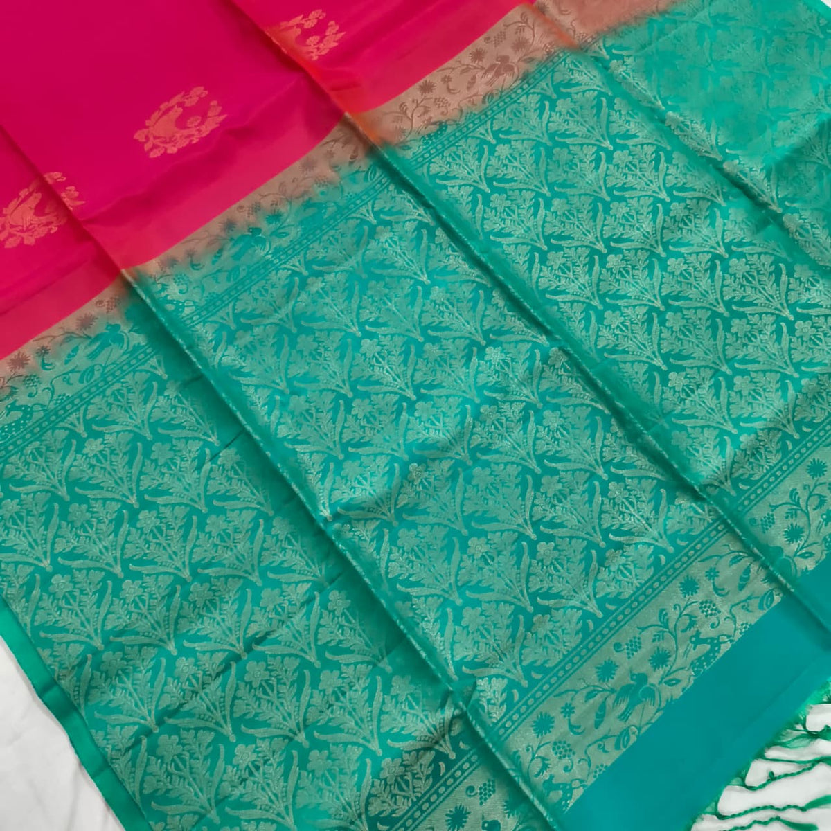 Pure Kanchi Soft Silk Saree – Rani Pink and Rexona Contrast