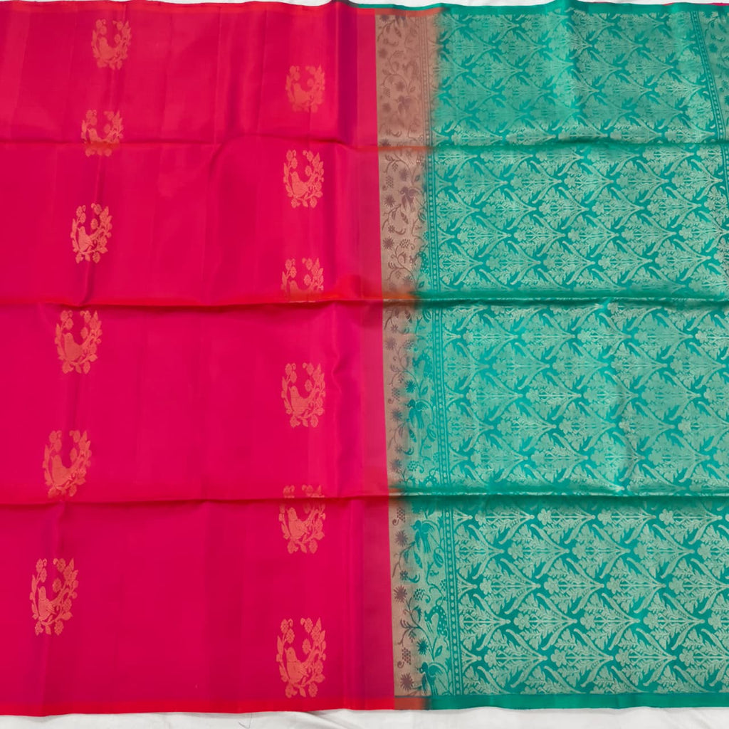 Pure Kanchi Soft Silk Saree – Rani Pink and Rexona Contrast
