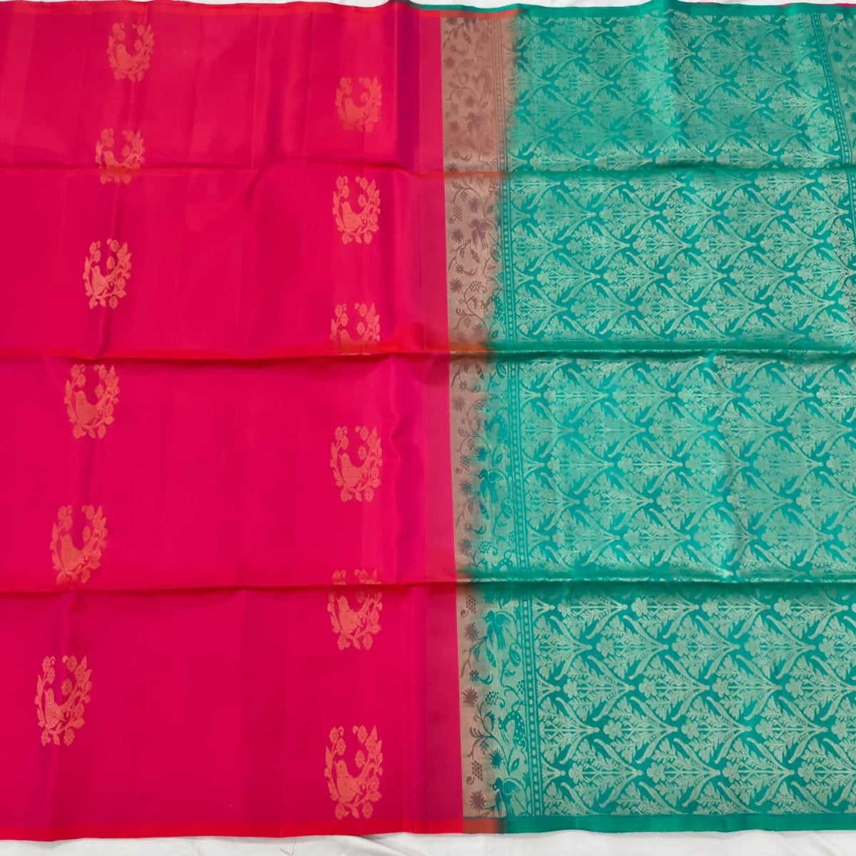 Pure Kanchi Soft Silk Saree – Rani Pink and Rexona Contrast