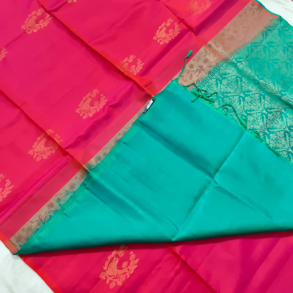 Pure Kanchi Soft Silk Saree – Rani Pink and Rexona Contrast