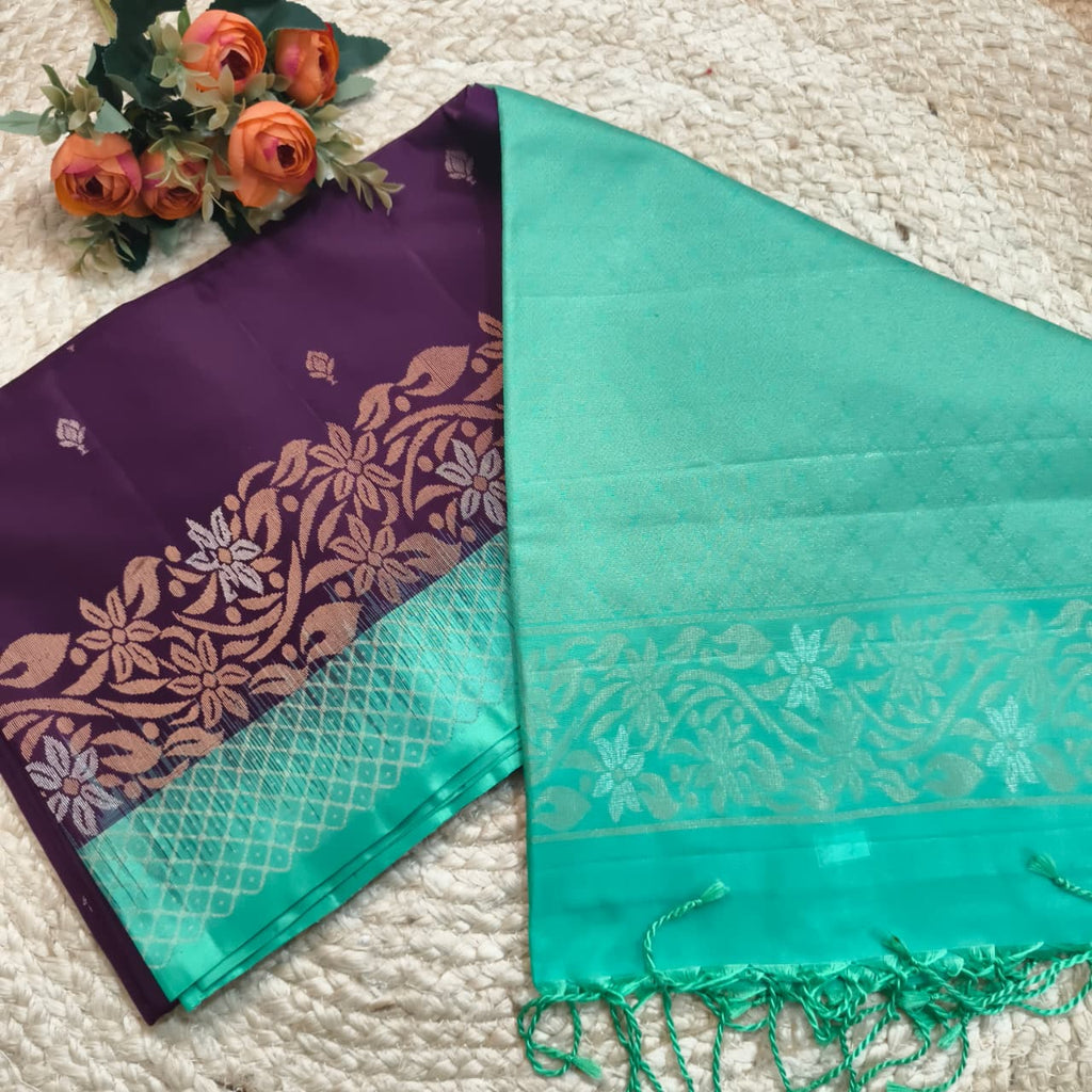 Pure Kanchi Soft Silk Saree – Deep Wine and Rexona Contrast