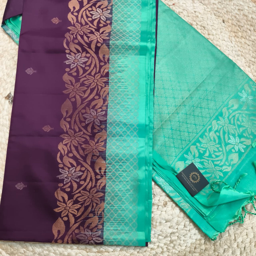 Pure Kanchi Soft Silk Saree – Deep Wine and Rexona Contrast