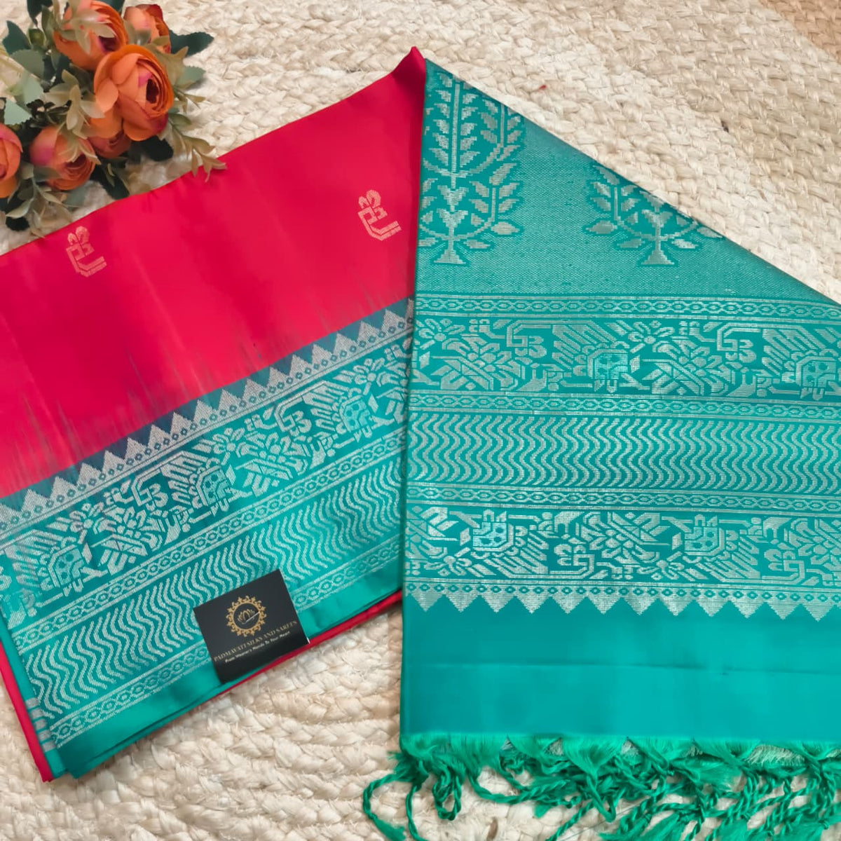 Pure Kanchi Soft Silk Saree – Coral Pink and Rexona Contrast