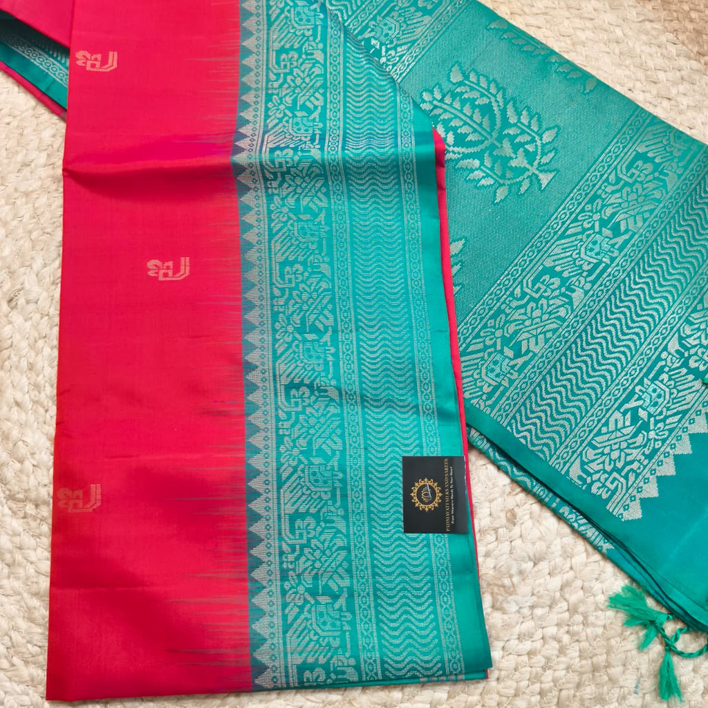 Pure Kanchi Soft Silk Saree – Coral Pink and Rexona Contrast