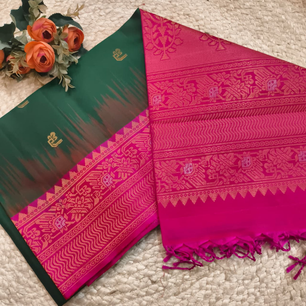 Pure Kanchi Soft Silk Saree – Bottle Green and Rani Pink Contrast