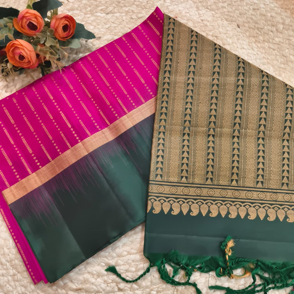 Pure Kanchi Soft Silk Saree – Rani Pink and Bottle Green Contrast