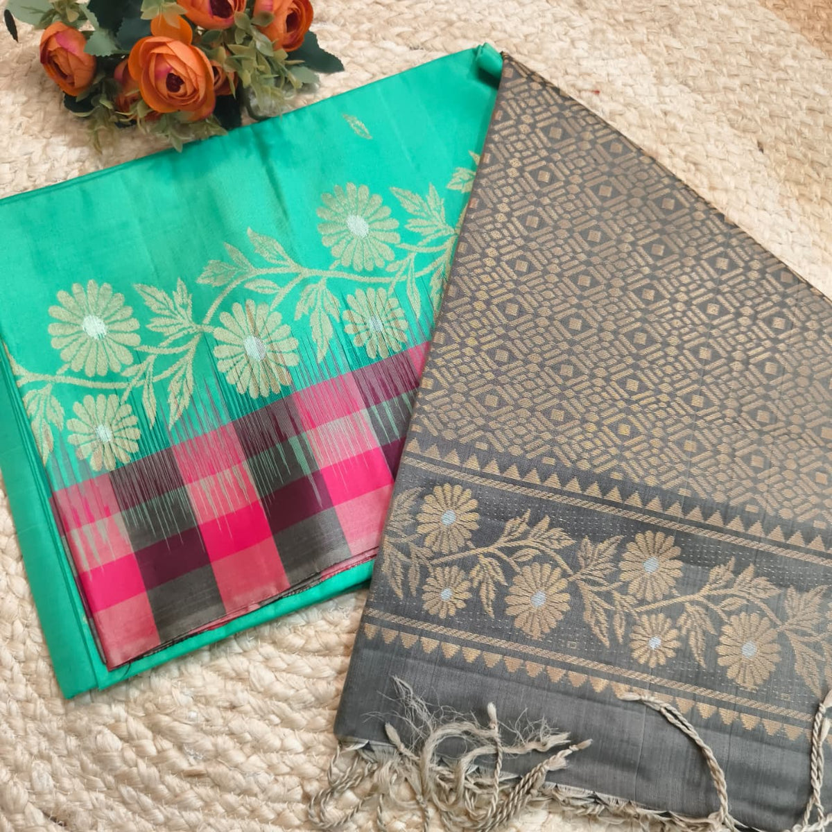 Pure Kanchi Soft Silk Saree – Rexona Green and Grey Contrast