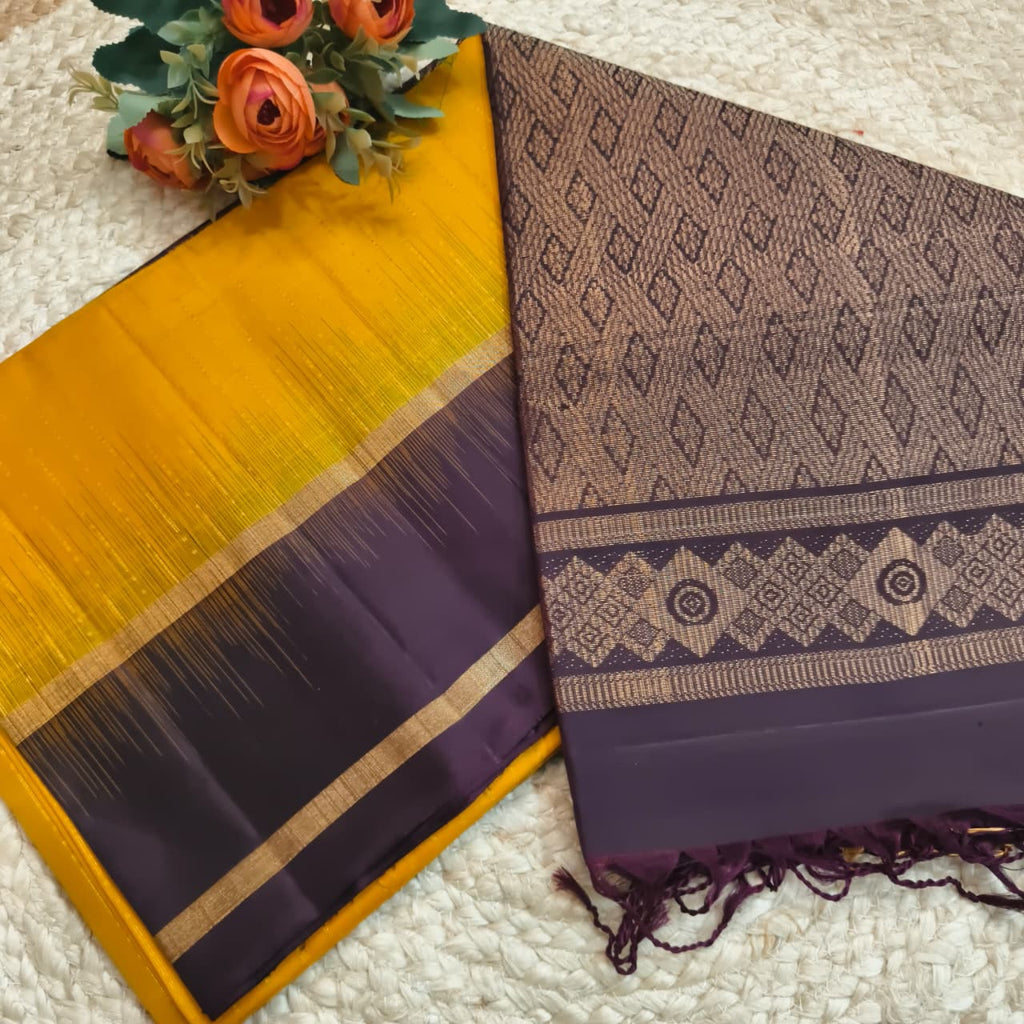 Pure Kanchi Soft Silk Saree – Mustard Yellow and Choc. Brown