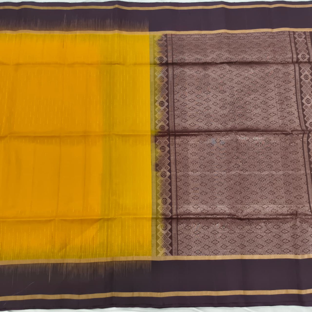 Pure Kanchi Soft Silk Saree – Mustard Yellow and Choc. Brown