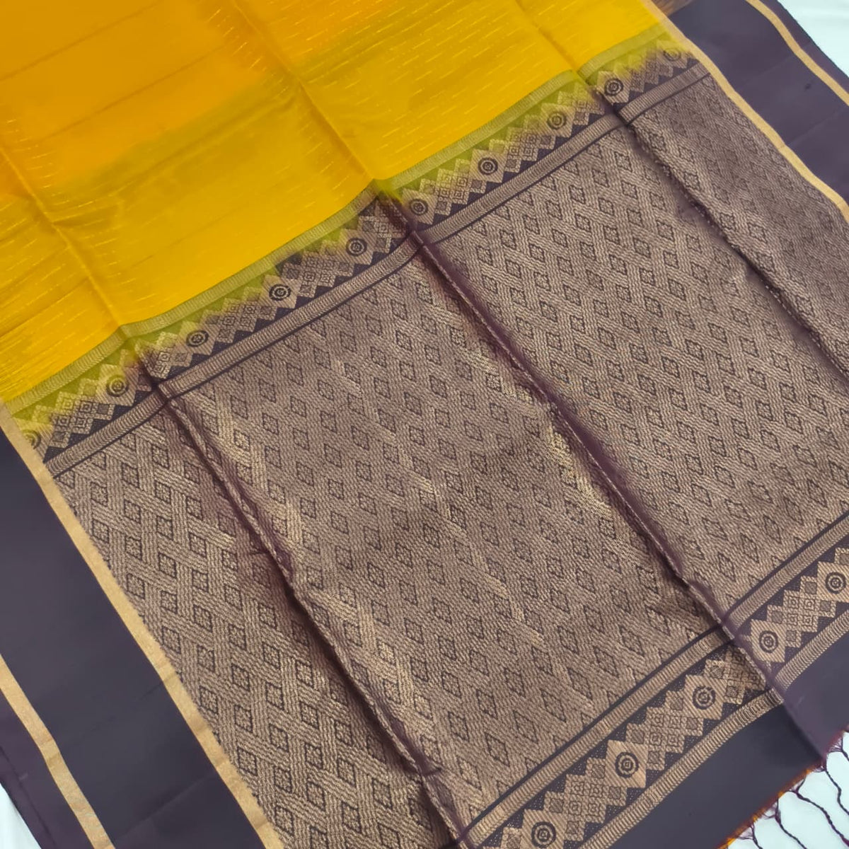 Pure Kanchi Soft Silk Saree – Mustard Yellow and Choc. Brown