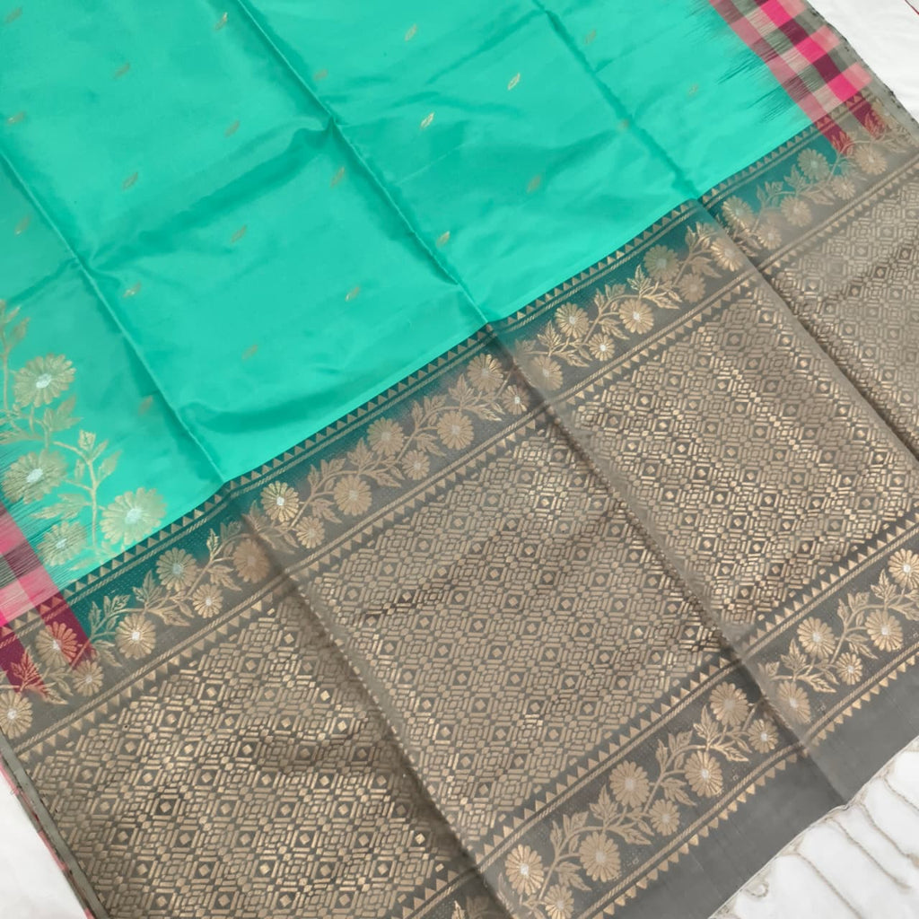 Pure Kanchi Soft Silk Saree – Rexona Green and Grey Contrast