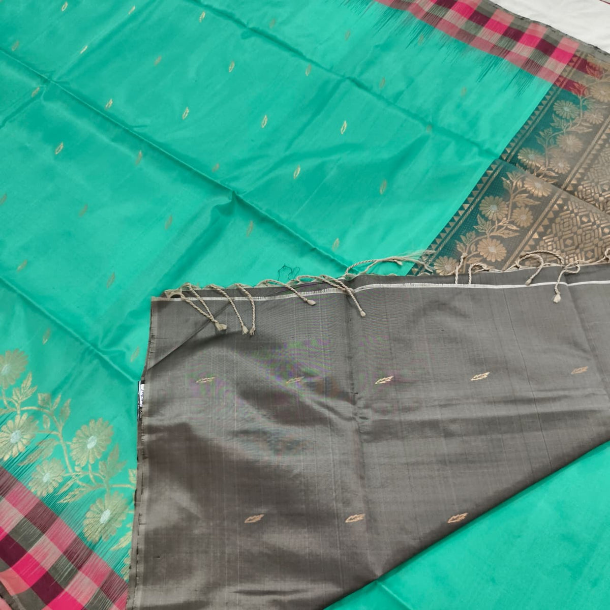Pure Kanchi Soft Silk Saree – Rexona Green and Grey Contrast