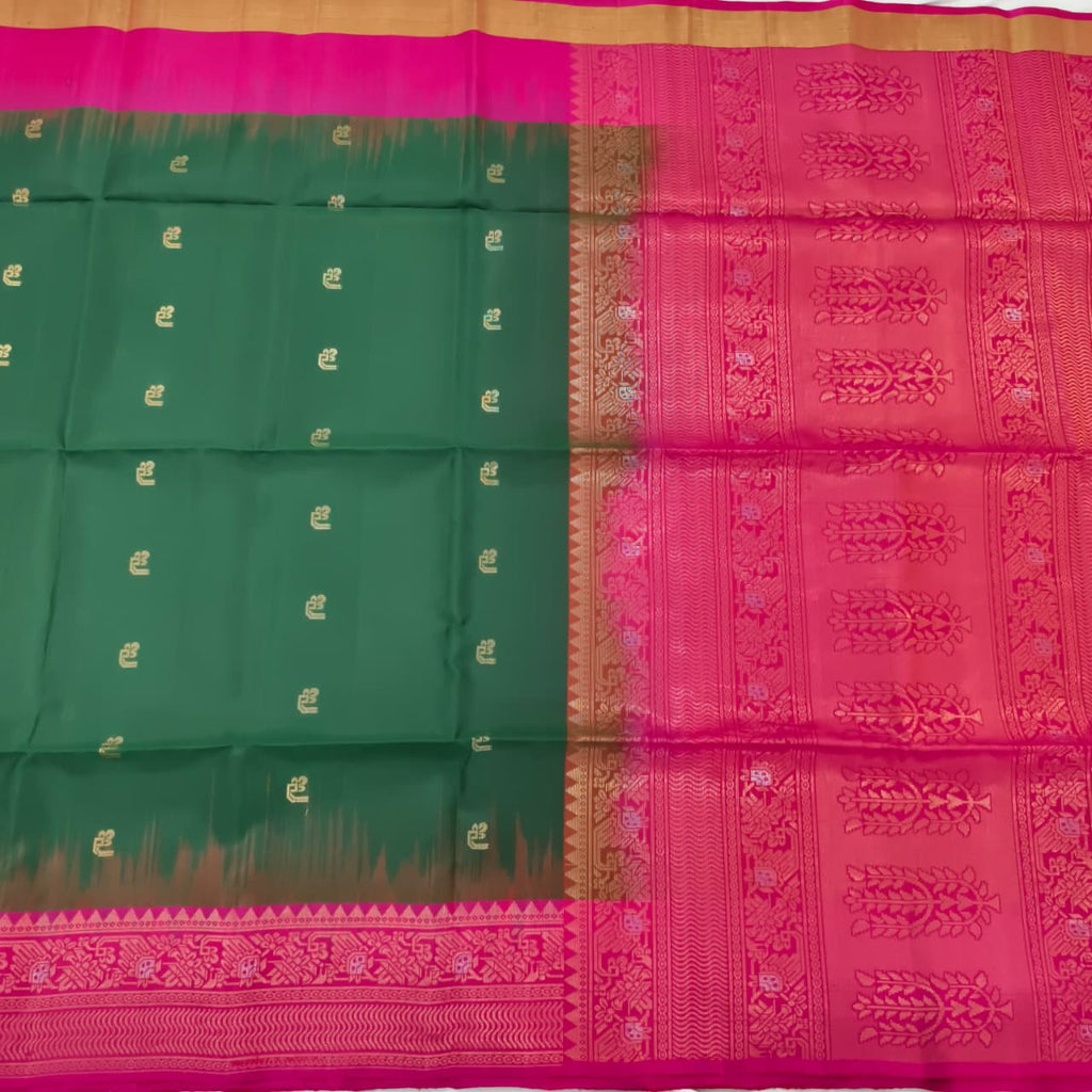 Pure Kanchi Soft Silk Saree – Bottle Green and Rani Pink Contrast