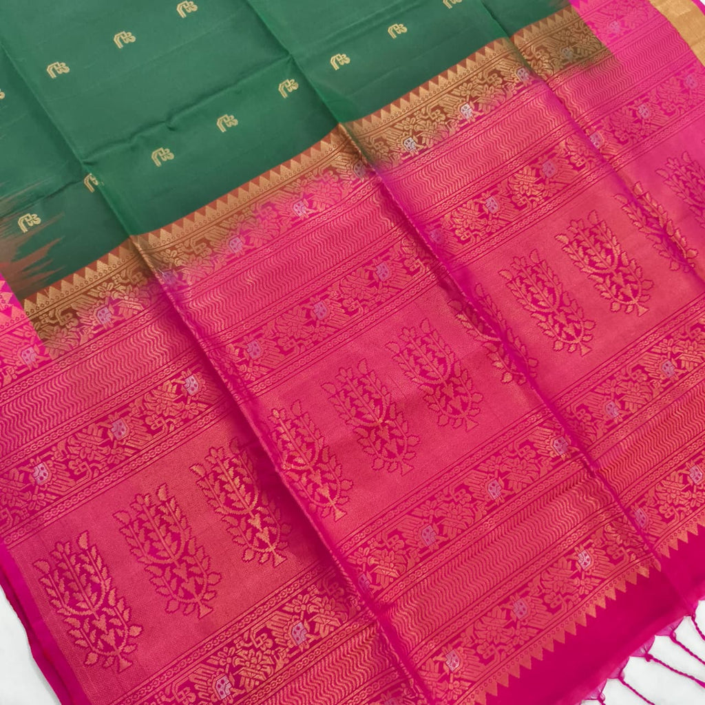 Pure Kanchi Soft Silk Saree – Bottle Green and Rani Pink Contrast
