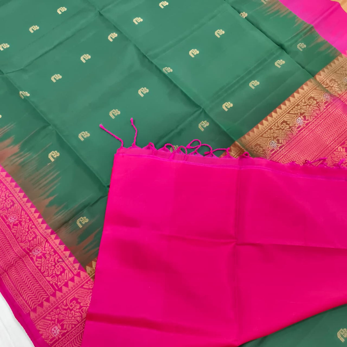 Pure Kanchi Soft Silk Saree – Bottle Green and Rani Pink Contrast