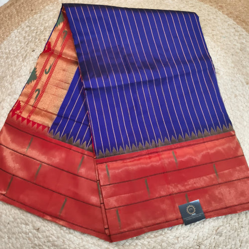 Paithani Pure Silk Saree – Royal Blue and Red Contrast