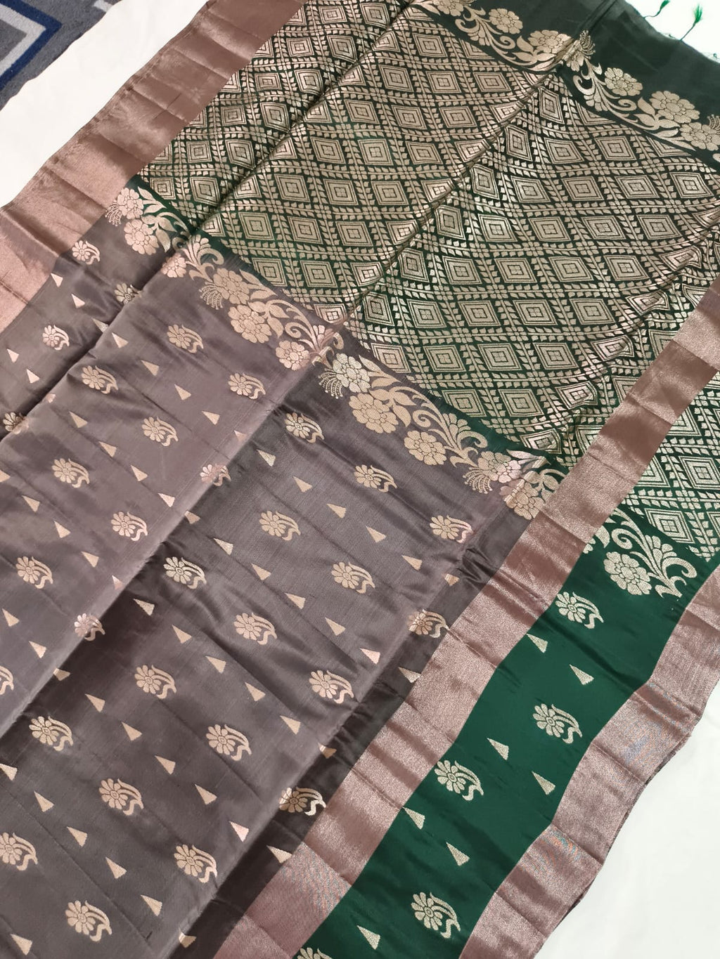 Soft Silk Saree – Dark Grey and Green Contrast