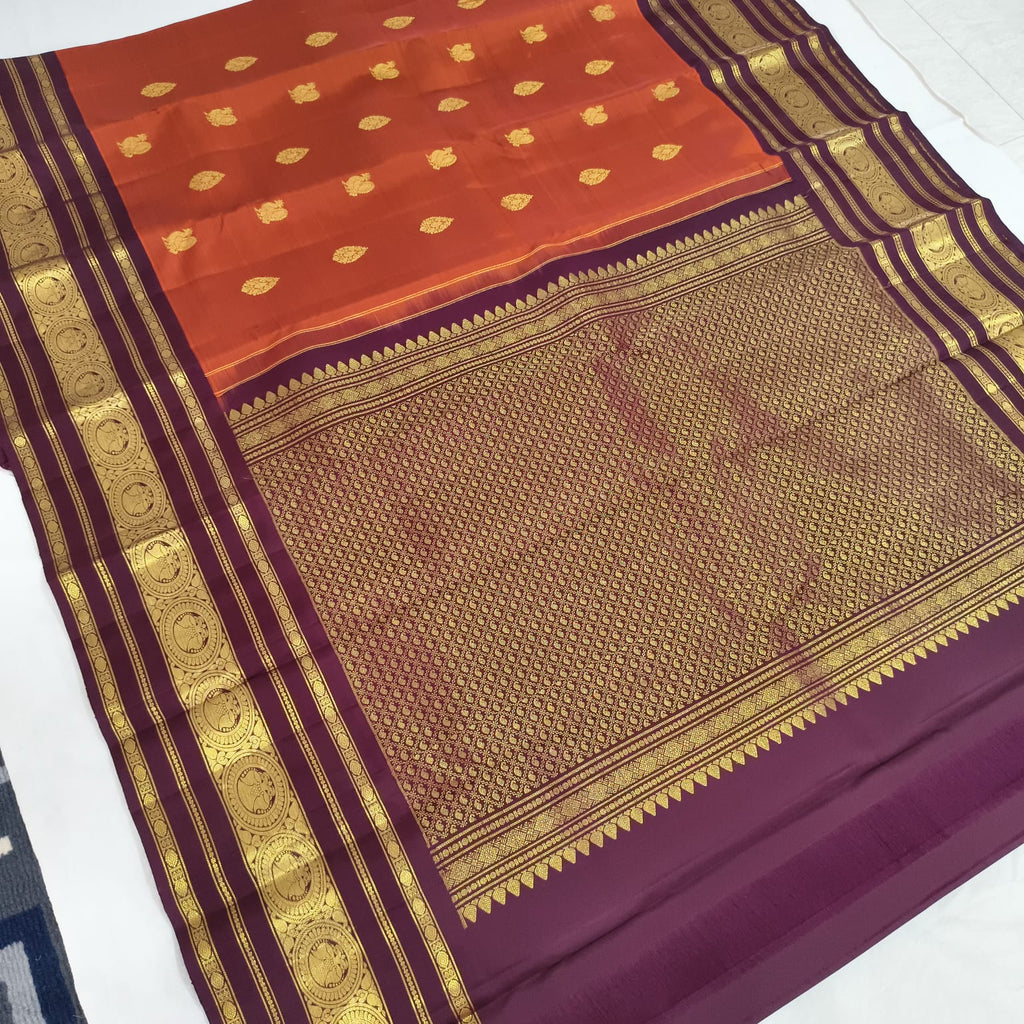 Pure Handloom Kanchipuram Silk Saree -Rust Orange and Deep Wine Contrast