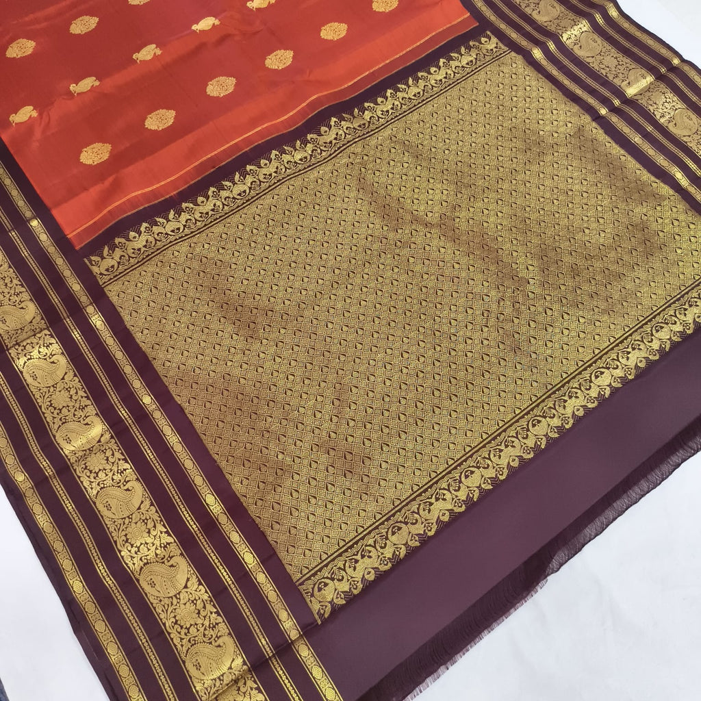 Pure Handloom Kanchipuram Silk Saree -Rust Orange and Deep Brown Contrast