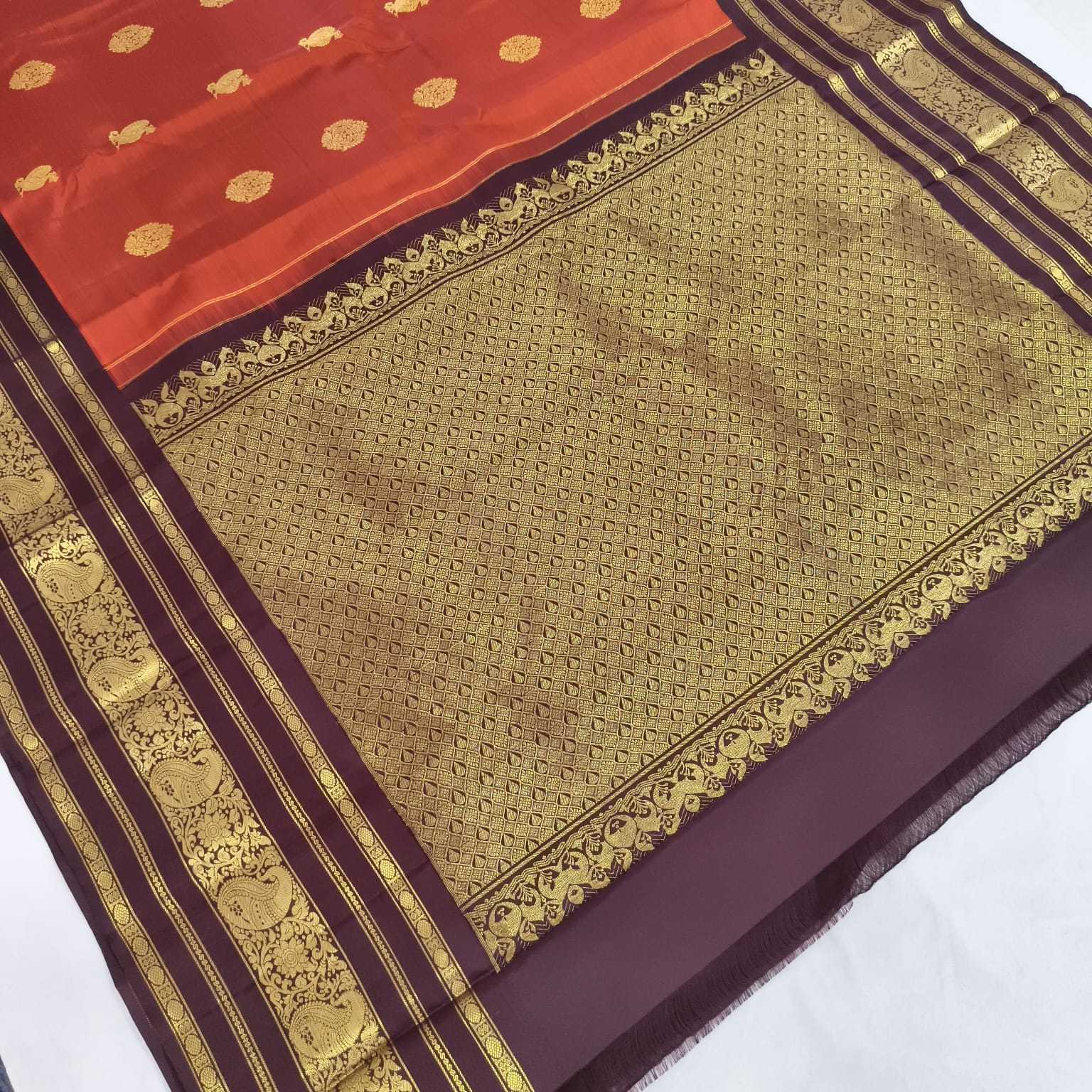 Pure Handloom Kanchipuram Silk Saree -Rust Orange and Deep Brown Contrast