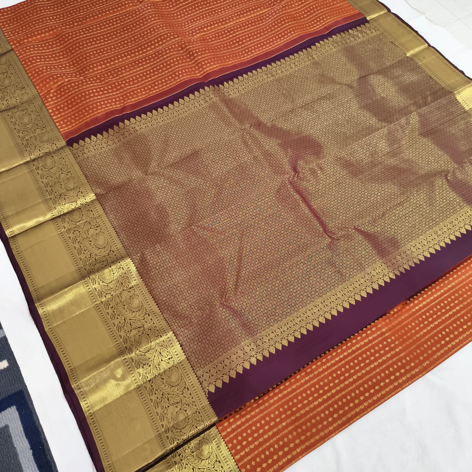 Pure Handloom Kanchipuram Silk Saree -Rust Orange and Deep Brown Contrast