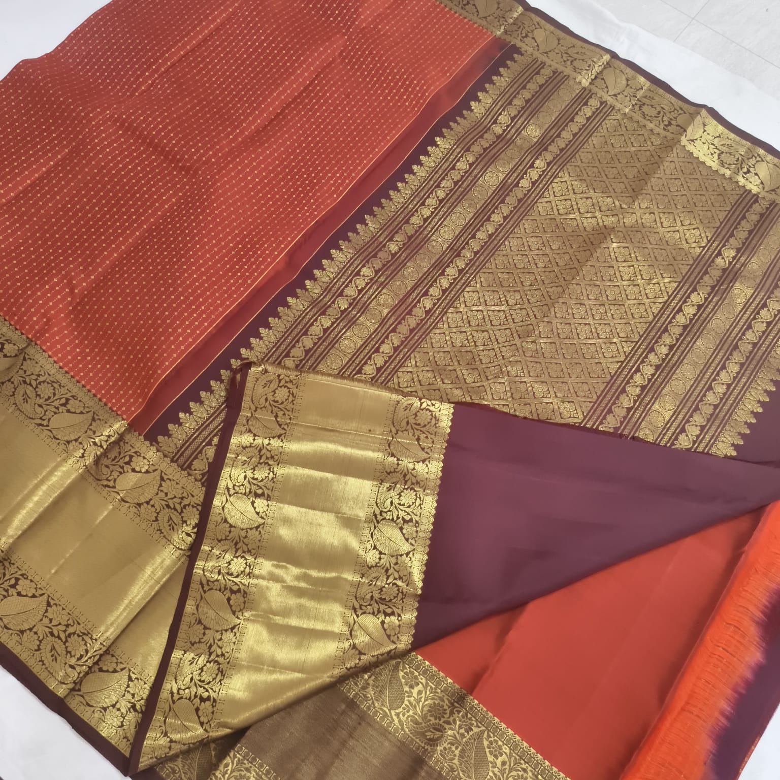 Pure Handloom Kanchipuram Silk Saree -Rust Orange and Deep Brown Contrast Long Border