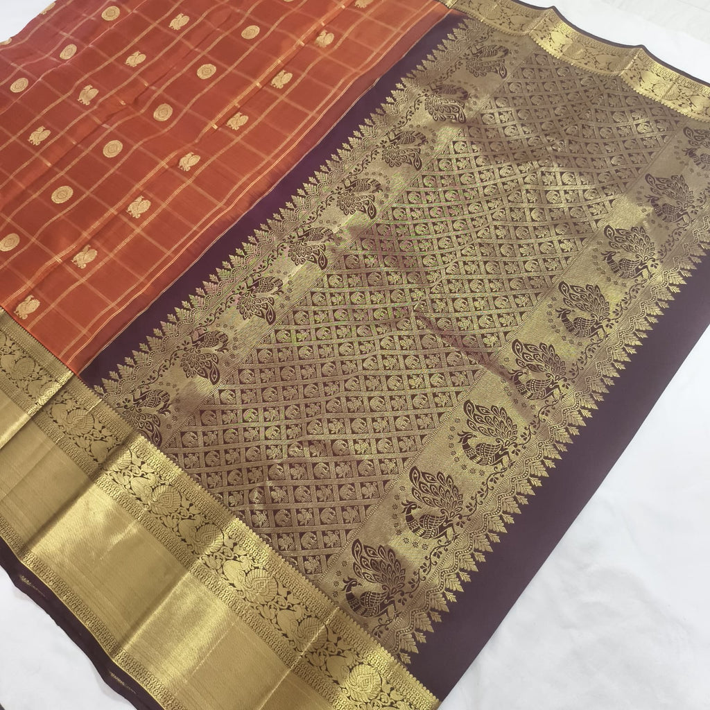 Pure Handloom Kanchipuram Silk Saree -Rust Orange and Deep Brown Contrast