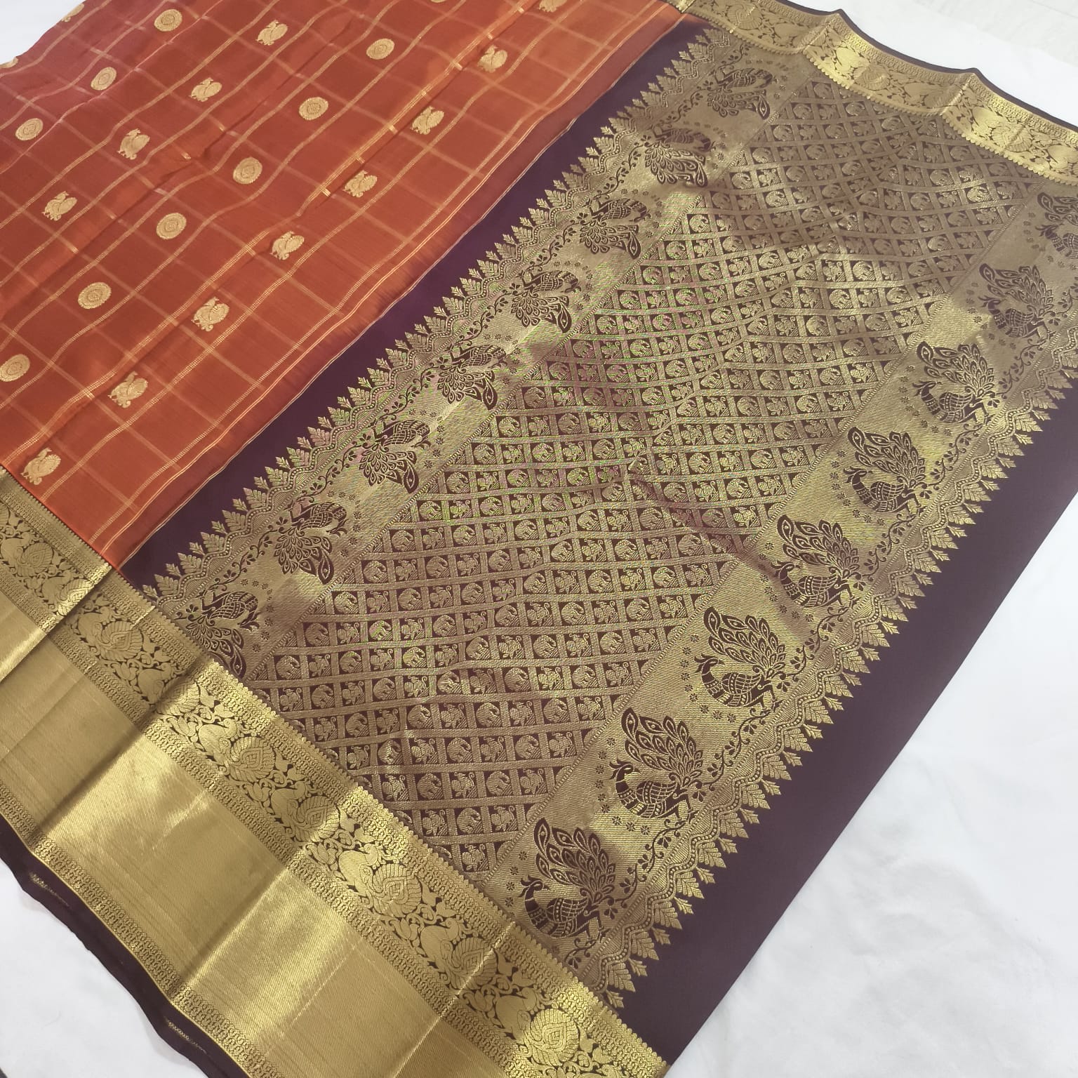 Pure Handloom Kanchipuram Silk Saree -Rust Orange and Deep Brown Contrast