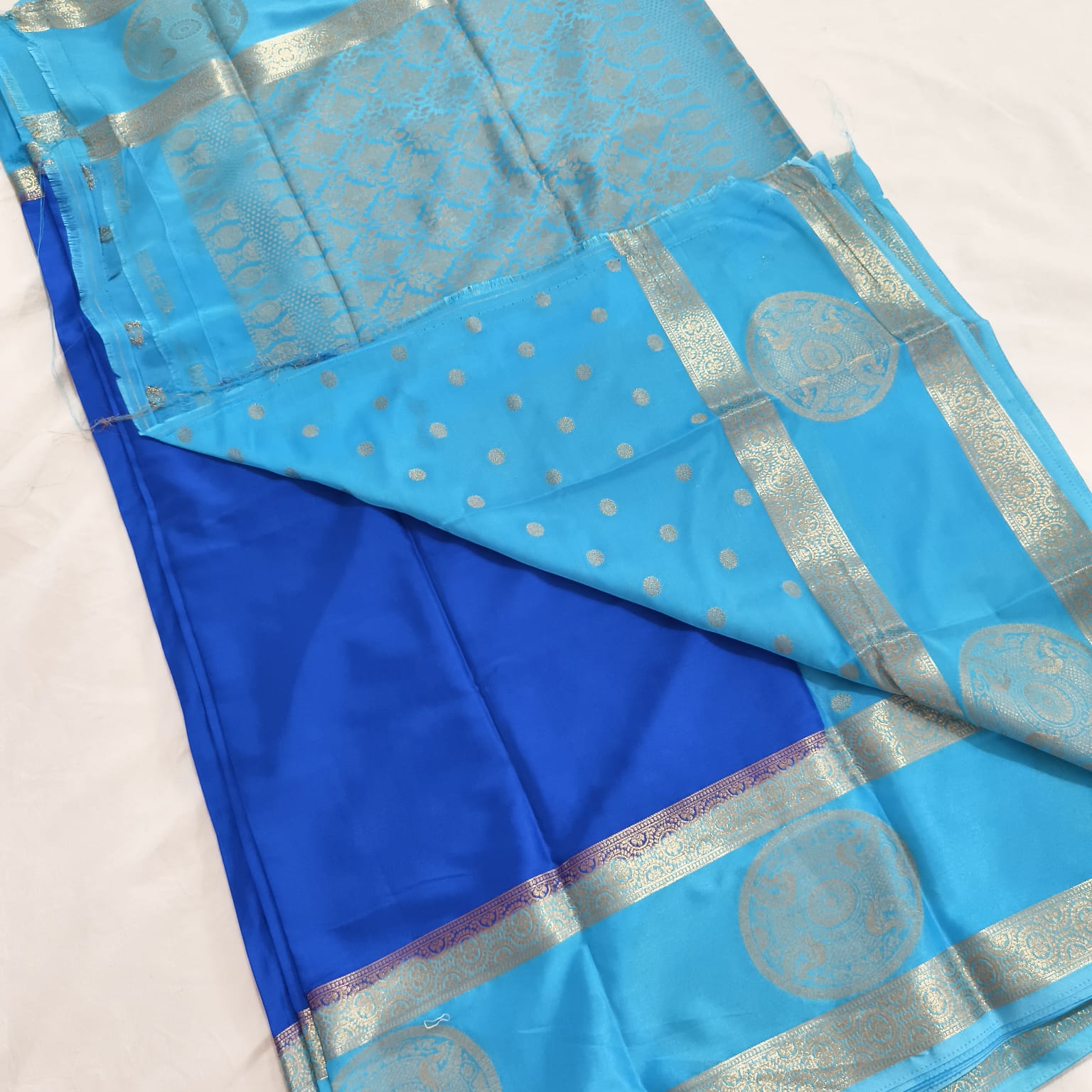 Semi Mysore Crepe Silk Saree- Dark Blue and Light Blue Contrast