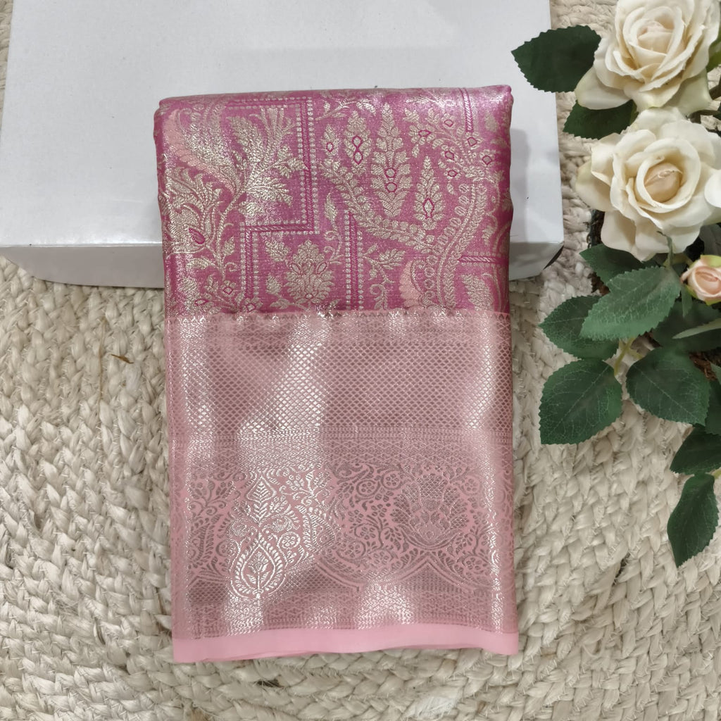 Semi Kanchipuram Tissue Silk Saree- Rani Pink and Light Pink Contrast